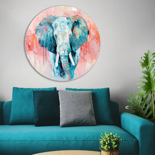 Abstract olifant schilderij met levendige kleuren aluminium muurcirkel