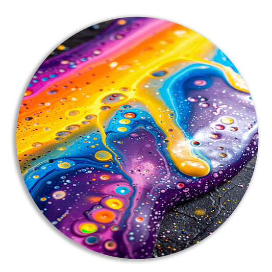 Kleurrijk abstract kunstwerk met dynamische vormen   aluminium muurcirkel