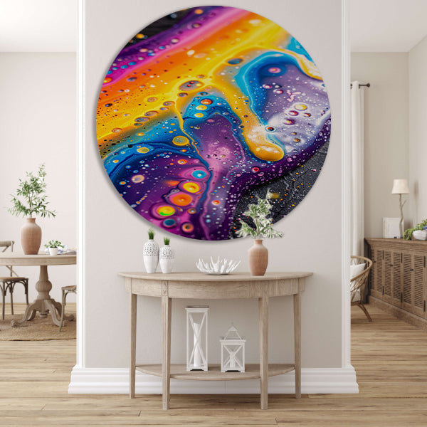 Kleurrijk abstract kunstwerk met dynamische vormen   aluminium muurcirkel