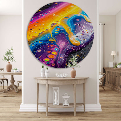 Kleurrijk abstract kunstwerk met dynamische vormen   aluminium muurcirkel