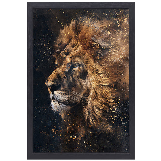Mystiek leeuw portret met verfspetters canvas met baklijst