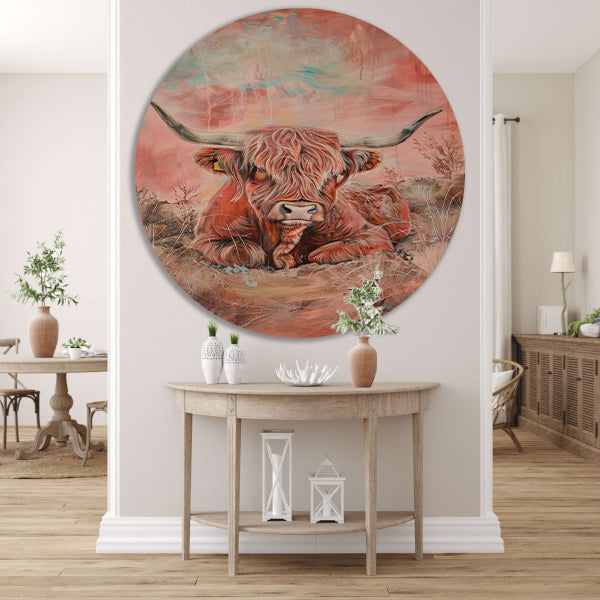 Schotse hooglander in levendig landschap schilderij forex muurcirkel