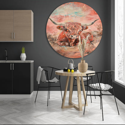 Schotse hooglander in levendig landschap schilderij forex muurcirkel