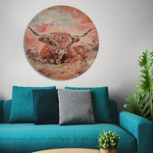 Schotse hooglander in levendig landschap schilderij forex muurcirkel