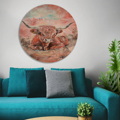 Schotse hooglander in levendig landschap schilderij forex muurcirkel