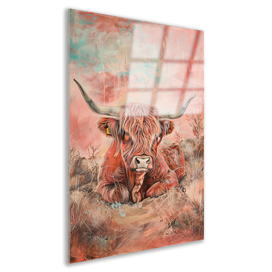 Schotse hooglander in levendig landschap schilderij acrylglas