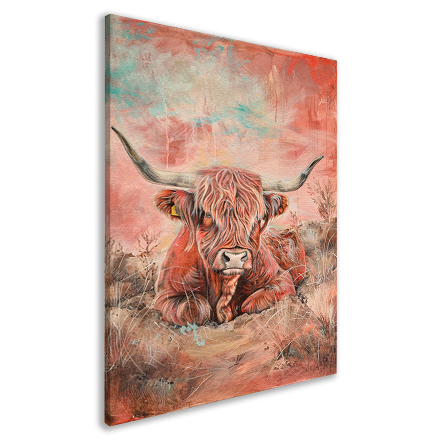 Schotse hooglander in levendig landschap schilderij canvas