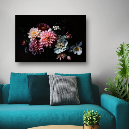 Weelderige bloemenpracht tegen donkere achtergrond canvas met baklijst
