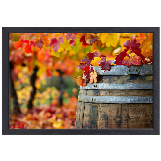 Houten vat met herfstbladeren canvas met baklijst