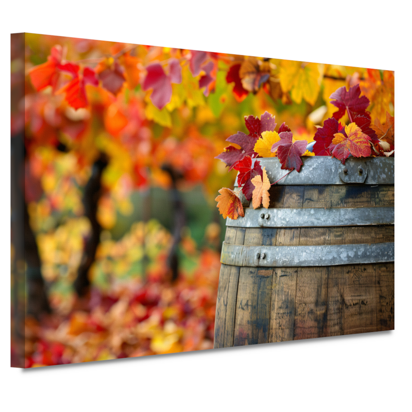 Houten vat met herfstbladeren canvas