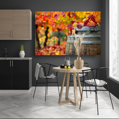 Houten vat met herfstbladeren canvas