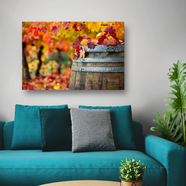 Houten vat met herfstbladeren canvas