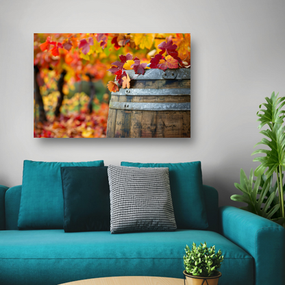 Houten vat met herfstbladeren canvas met baklijst