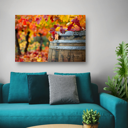 Houten vat met herfstbladeren poster