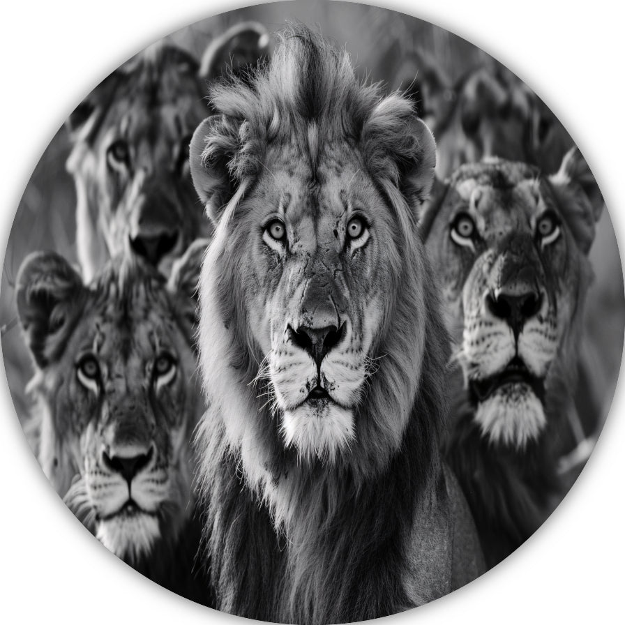 Leeuwenfamilie in de savanne aluminium muurcirkel