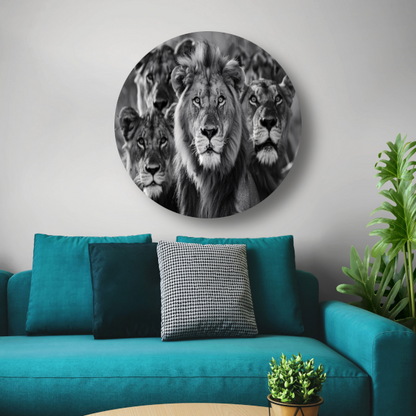 Leeuwenfamilie in de savanne aluminium muurcirkel