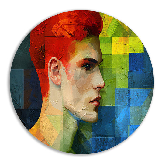 Abstract portret van man in levendige kleuren aluminium muurcirkel