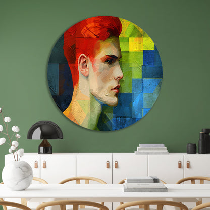 Abstract portret van man in levendige kleuren aluminium muurcirkel