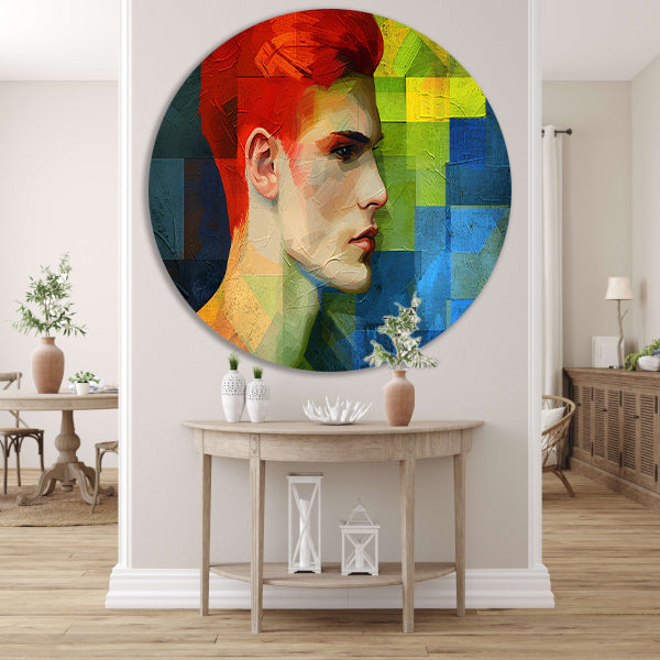 Abstract portret van man in levendige kleuren aluminium muurcirkel