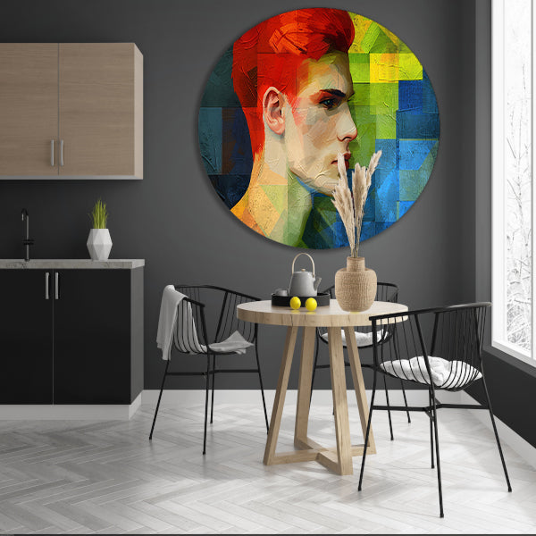 Abstract portret van man in levendige kleuren aluminium muurcirkel