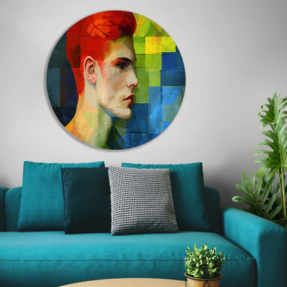 Abstract portret van man in levendige kleuren aluminium muurcirkel