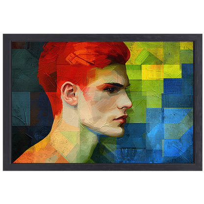 Abstract portret van man in levendige kleuren canvas met baklijst