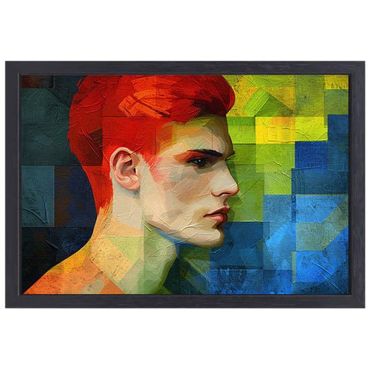 Abstract portret van man in levendige kleuren canvas met baklijst