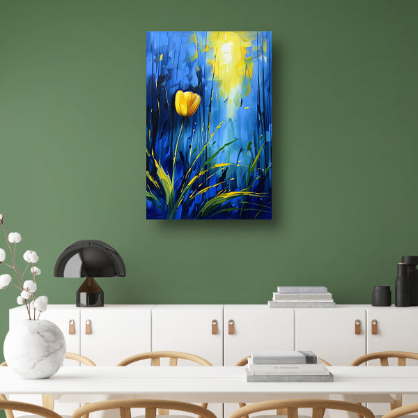 Gele tulp met abstracte blauwe achtergrond poster