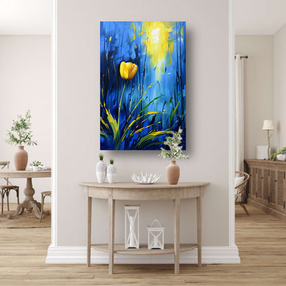Gele tulp met abstracte blauwe achtergrond poster