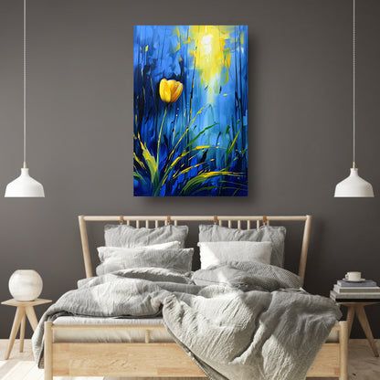 Gele tulp met abstracte blauwe achtergrond poster