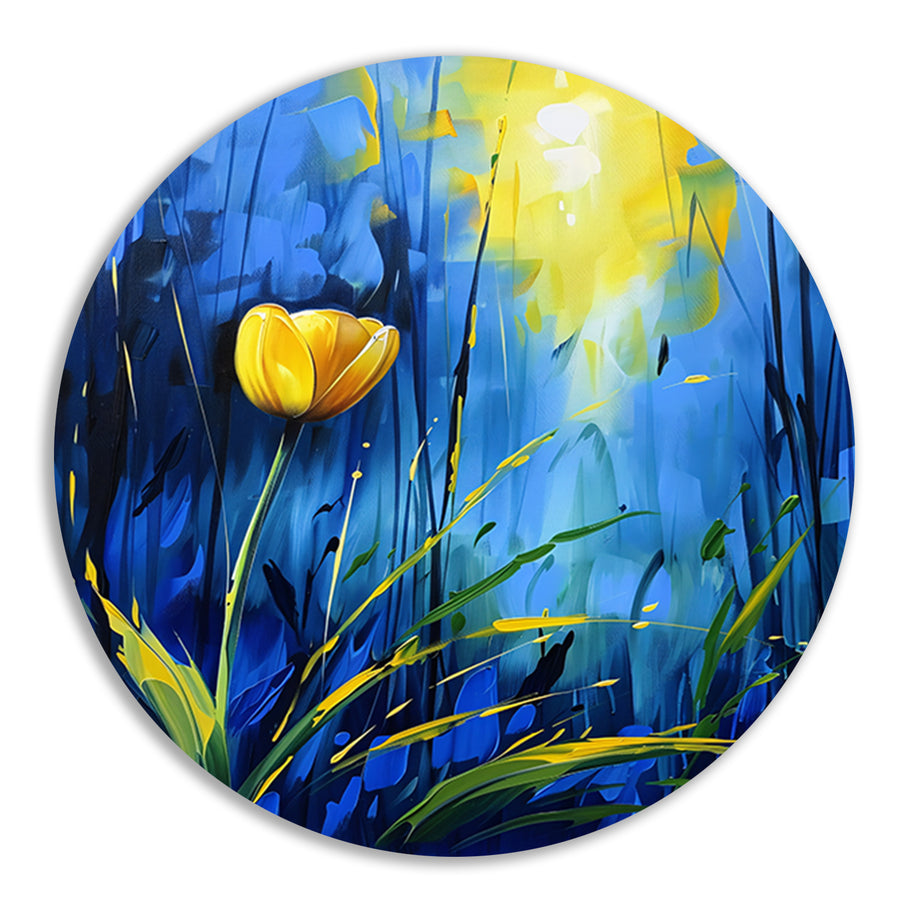 Gele tulp met abstracte blauwe achtergrond aluminium muurcirkel