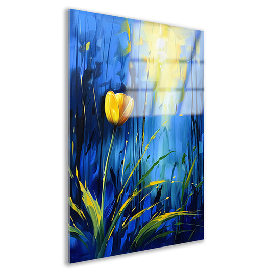 Gele tulp met abstracte blauwe achtergrond acrylglas