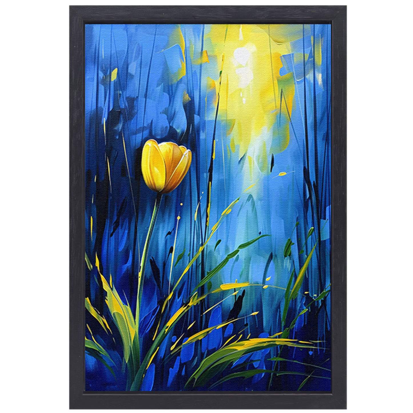 Gele tulp met abstracte blauwe achtergrond canvas met baklijst