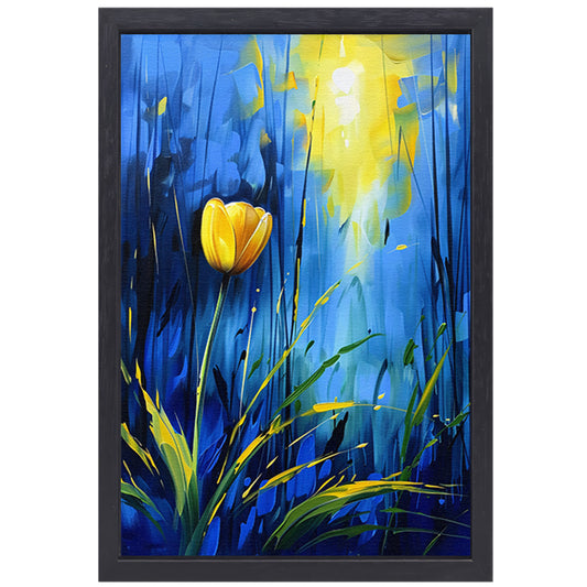 Gele tulp met abstracte blauwe achtergrond canvas met baklijst