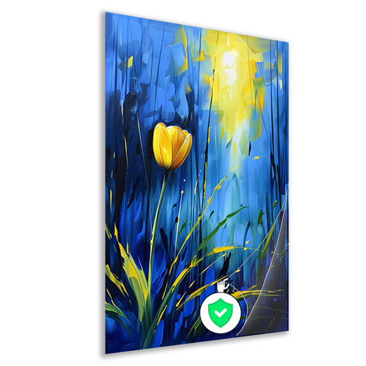 Gele tulp met abstracte blauwe achtergrond poster