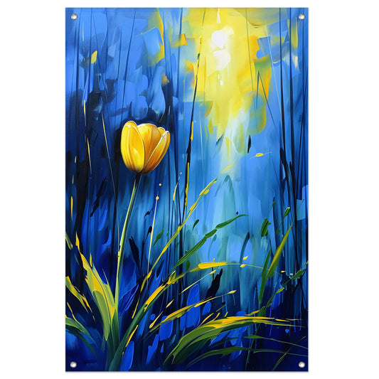 Gele tulp met abstracte blauwe achtergrond tuinposter