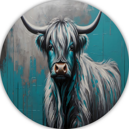 Turquoise en Zilver Hooglander Portret aluminium muurcirkel