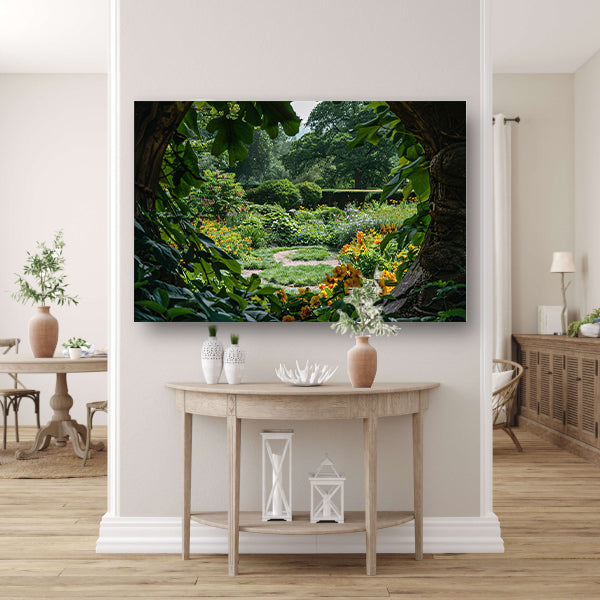 Geheime tuin met stenen boog acrylglas
