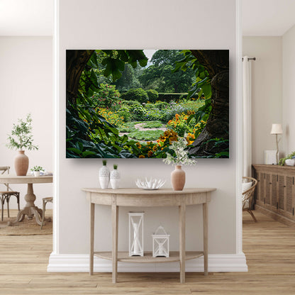 Geheime tuin met stenen boog acrylglas