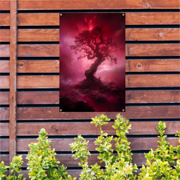 Mystieke Boom in Rood Surrealistisch Landschap tuinposter