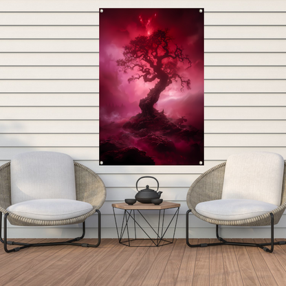 Mystieke Boom in Rood Surrealistisch Landschap tuinposter