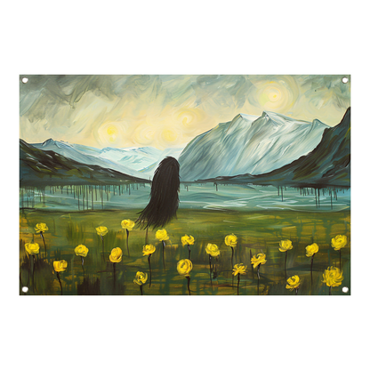 Abstract schilderij van berglandschap met bloemen tuinposter