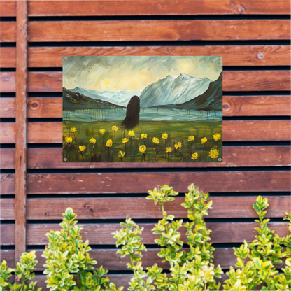 Abstract schilderij van berglandschap met bloemen tuinposter