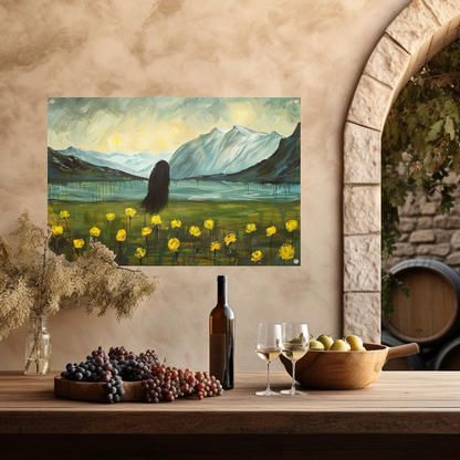 Abstract schilderij van berglandschap met bloemen tuinposter