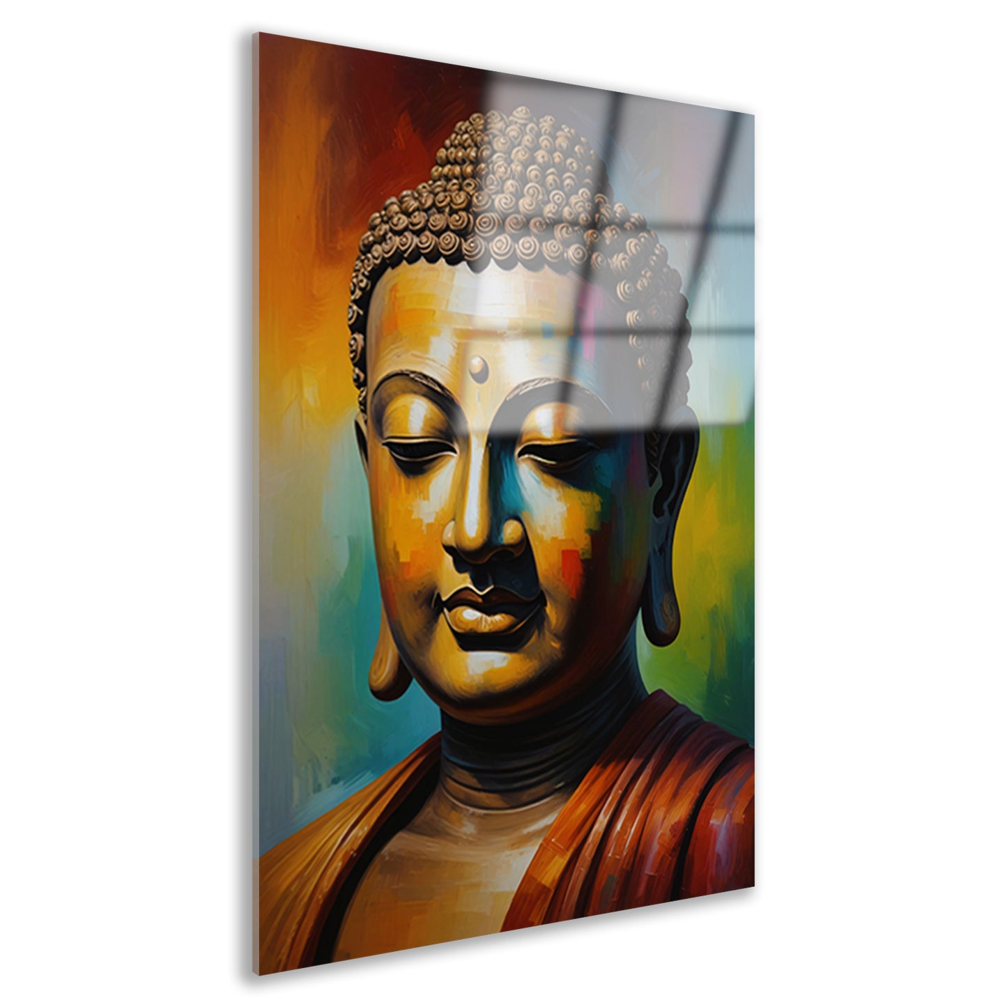 Boeddha in meditatie met kleurrijk palet acrylglas