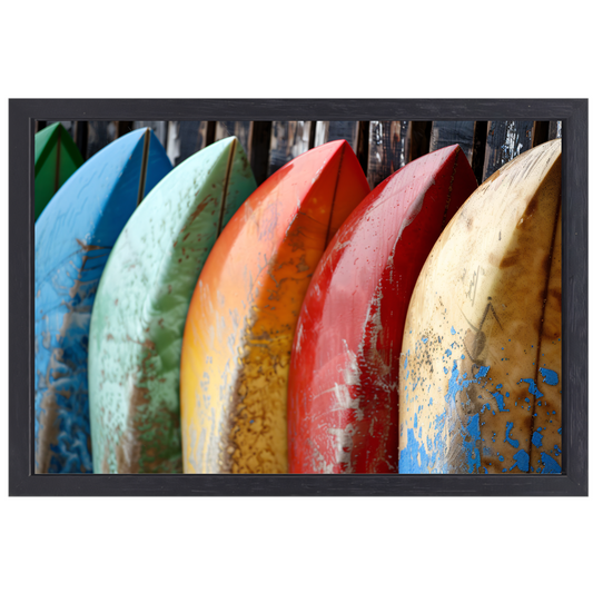 Kleurrijke surfboards tegen muur canvas met baklijst