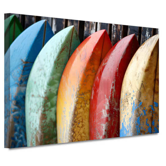 Kleurrijke surfboards tegen muur canvas