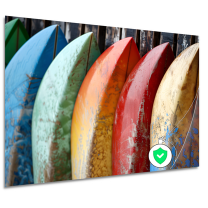 Kleurrijke surfboards tegen muur poster