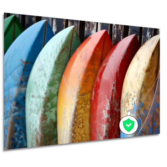 Kleurrijke surfboards tegen muur poster