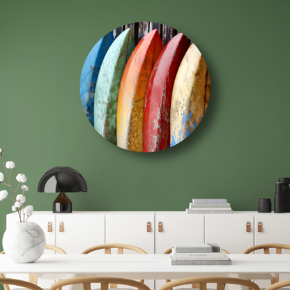 Kleurrijke surfboards tegen muur aluminium muurcirkel